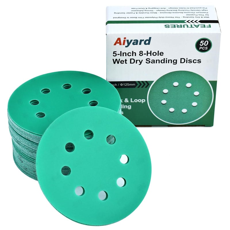 Aiyard 5-Inch 8-Hole Wet Dry Sanding Discs 600 Grit, Polyester Film Backed Heavy-Duty Hook and Loop Sandpaper for Random Orbital Sander, 50-Pack - Image 1
